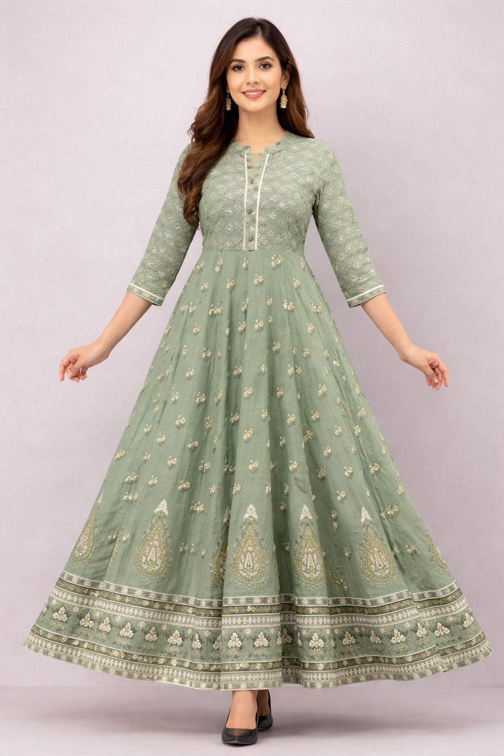 Designer Sage Green Floral Anarkali Gown (Full Length)