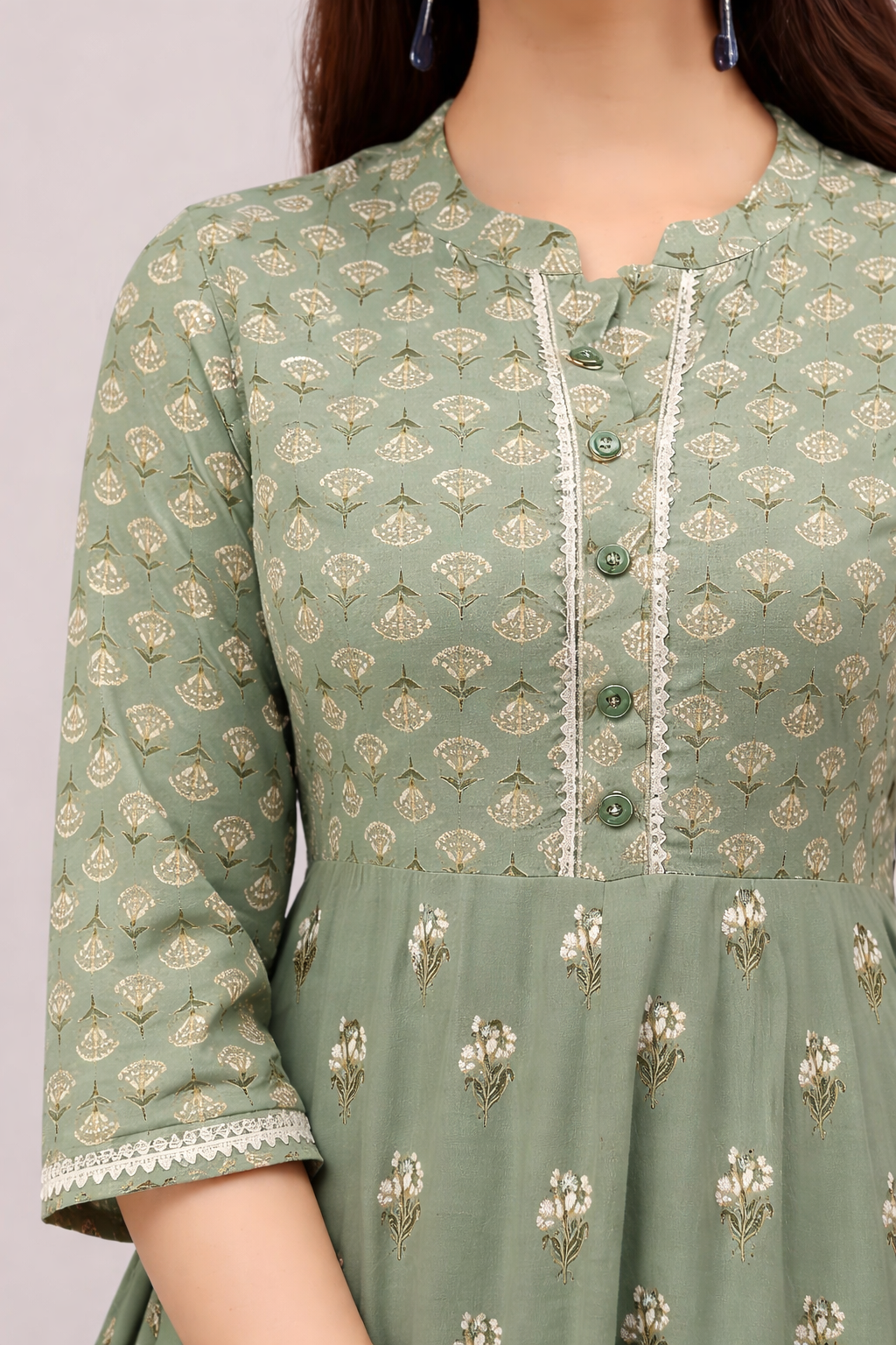 Designer Sage Green Floral Anarkali Gown (Full Length)