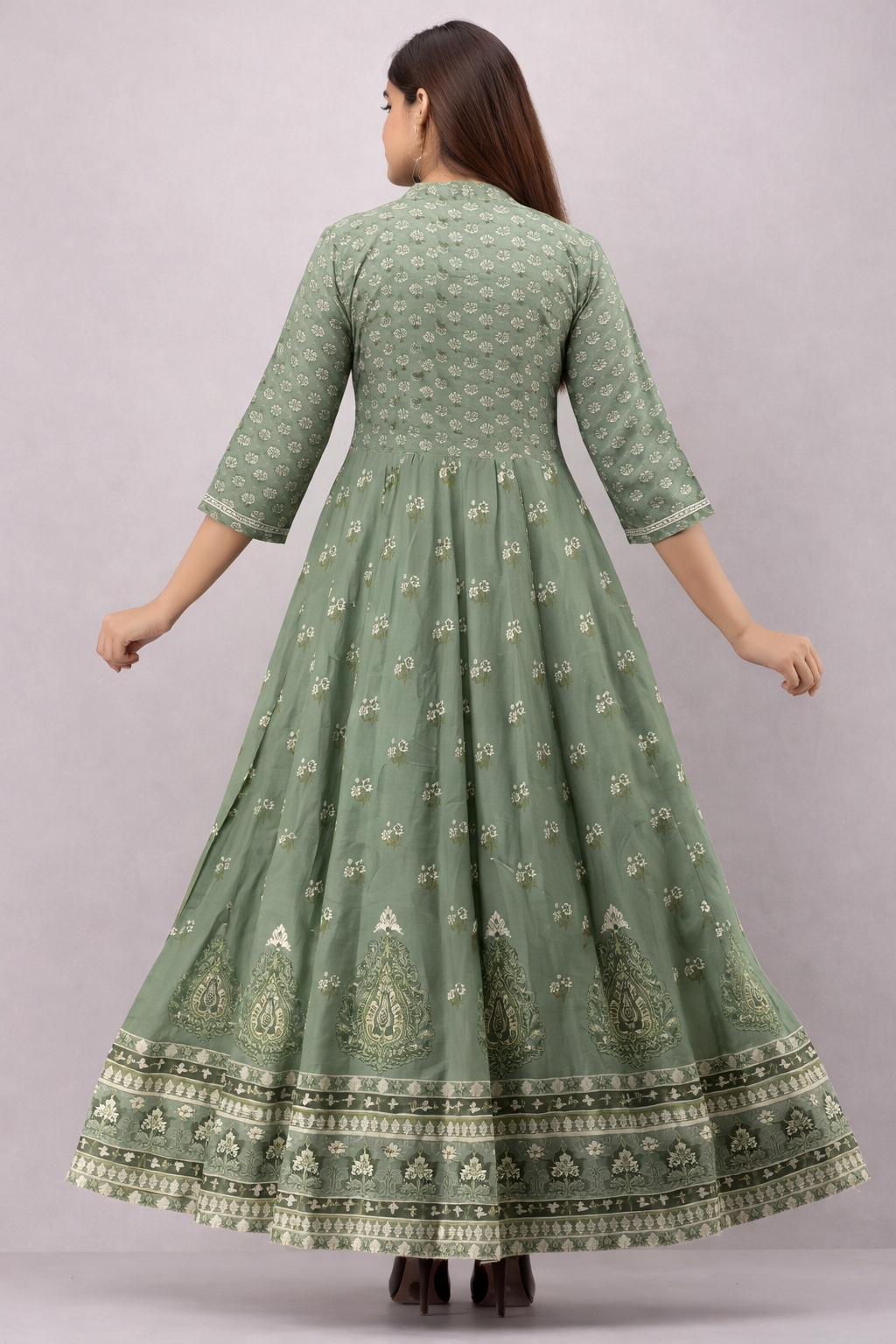 Designer Sage Green Floral Anarkali Gown (Full Length)