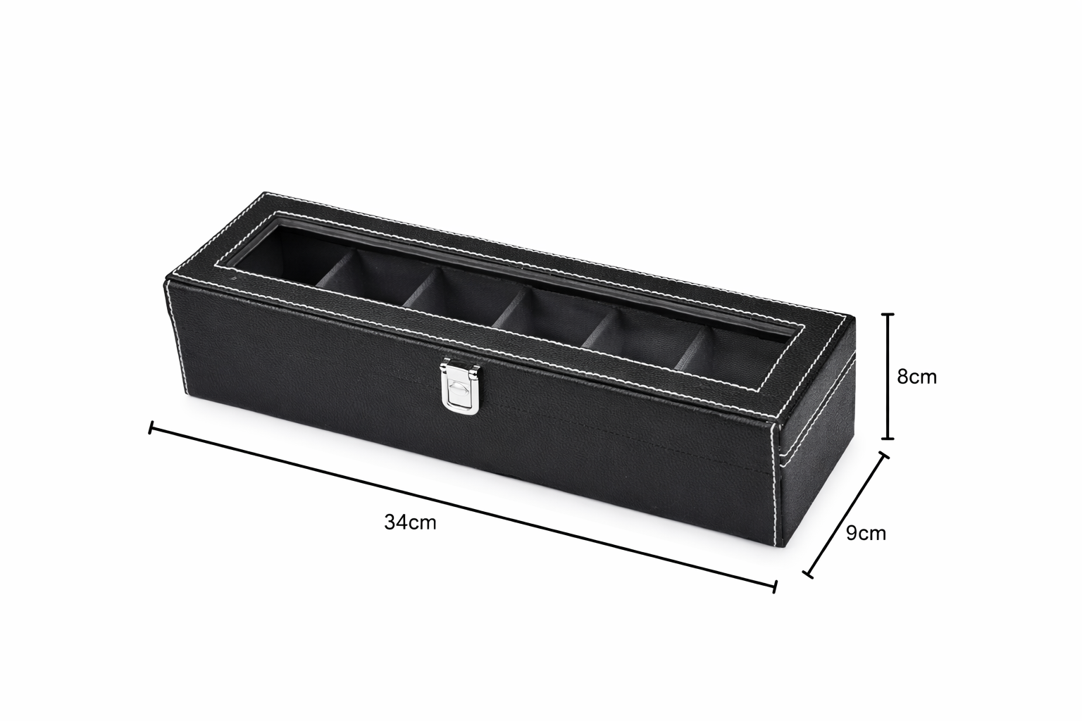 Black Leather Watch Organizer Box – 6 Slot Watch Storage with Glass Lid