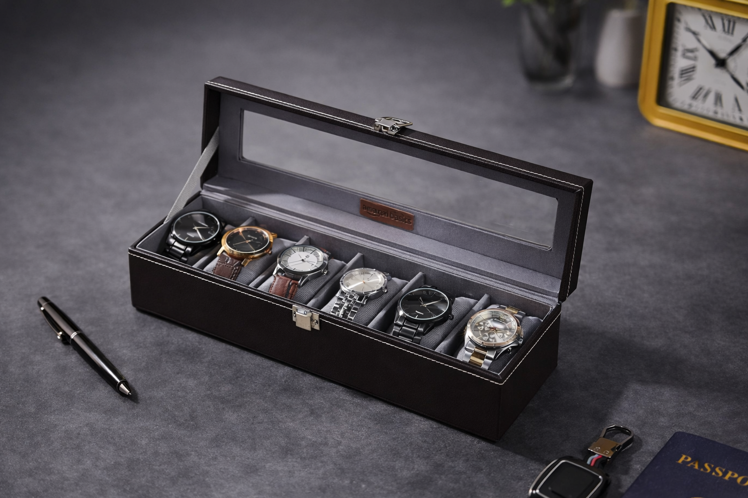 Black Leather Watch Organizer Box – 6 Slot Watch Storage with Glass Lid