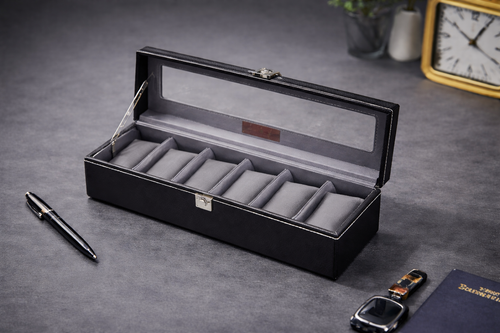 Black Leather Watch Organizer Box – 6 Slot Watch Storage with Glass Lid